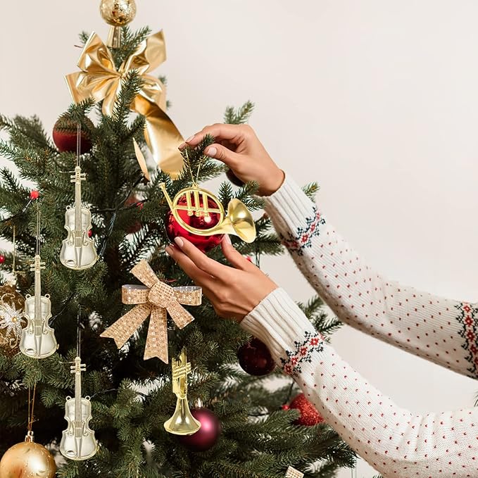 12pcs Musical Instrument Christmas Ornaments, Gold French Horn Trumpet Violin