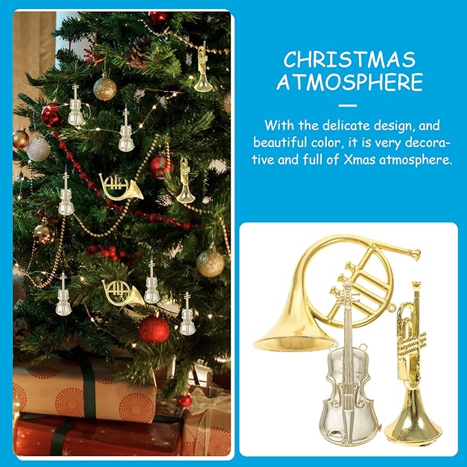 12pcs Musical Instrument Christmas Ornaments, Gold French Horn Trumpet Violin