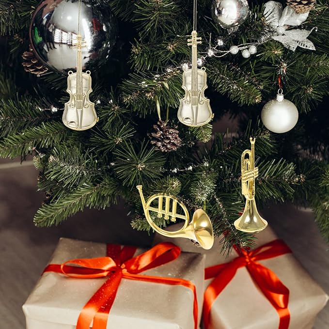 12pcs Musical Instrument Christmas Ornaments, Gold French Horn Trumpet Violin