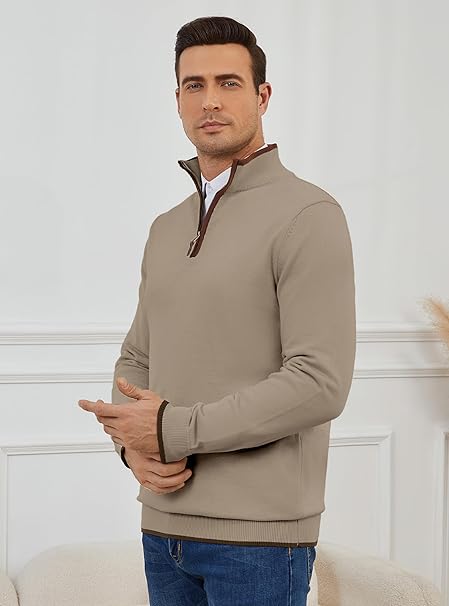 Mens Quarter Zip Sweater Mock Neck Pullover Long