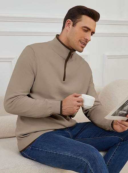 Mens Quarter Zip Sweater Mock Neck Pullover Long