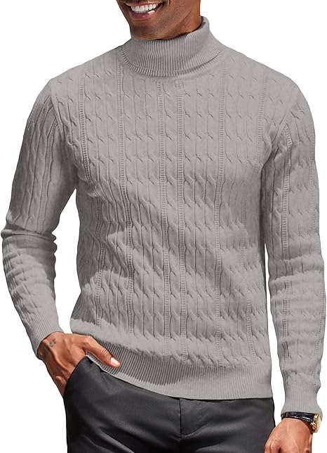 Mens Turtleneck Jumper Cable Knit Roll Neck