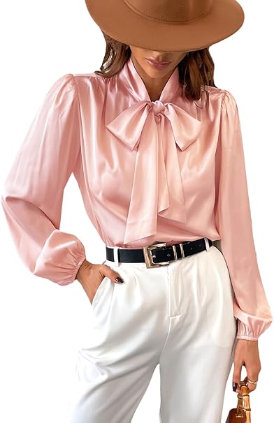 Satin Shirt Top for Women Bow Tie Long Sleeve Shiny