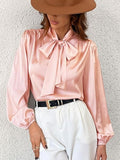Satin Shirt Top for Women Bow Tie Long Sleeve Shiny