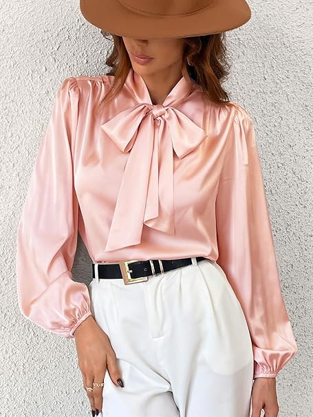 Satin Shirt Top for Women Bow Tie Long Sleeve Shiny