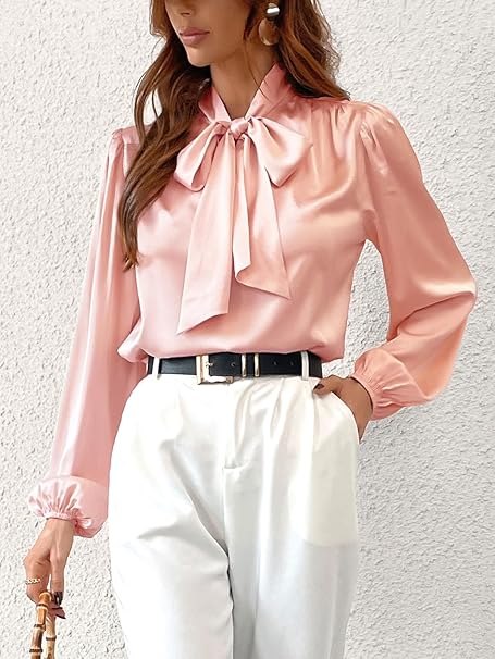 Satin Shirt Top for Women Bow Tie Long Sleeve Shiny
